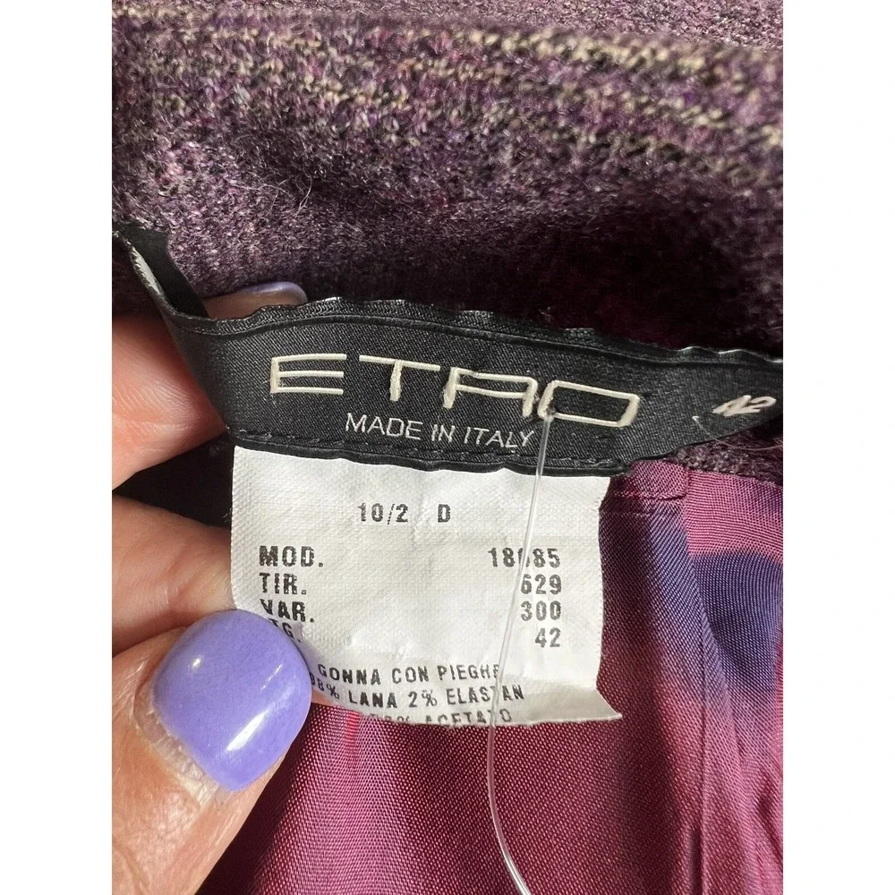 ETRO Wool Check Plum Purple Straight Skirt Front Cross Pleat sz 42 12 Large